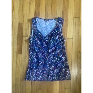 Premise Womens Purple Blue Polka Dot Cowl Neck Sleeveless Blouse Top Medium